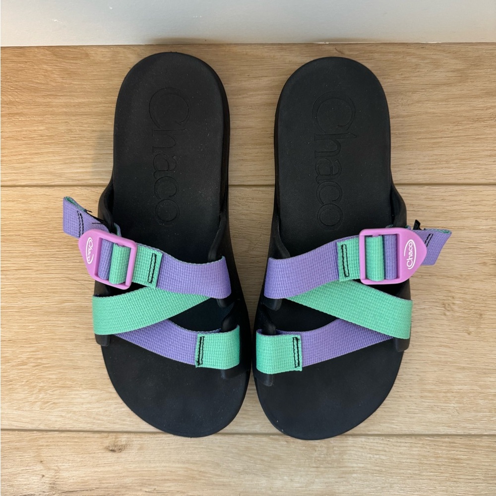 Chaco Black Sandals with Green and Purple Straps